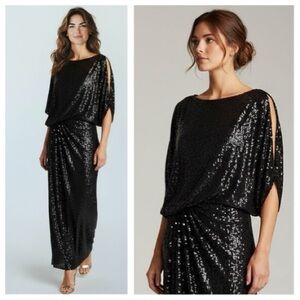 David Meister Black Asymmetrical Sequin Dress